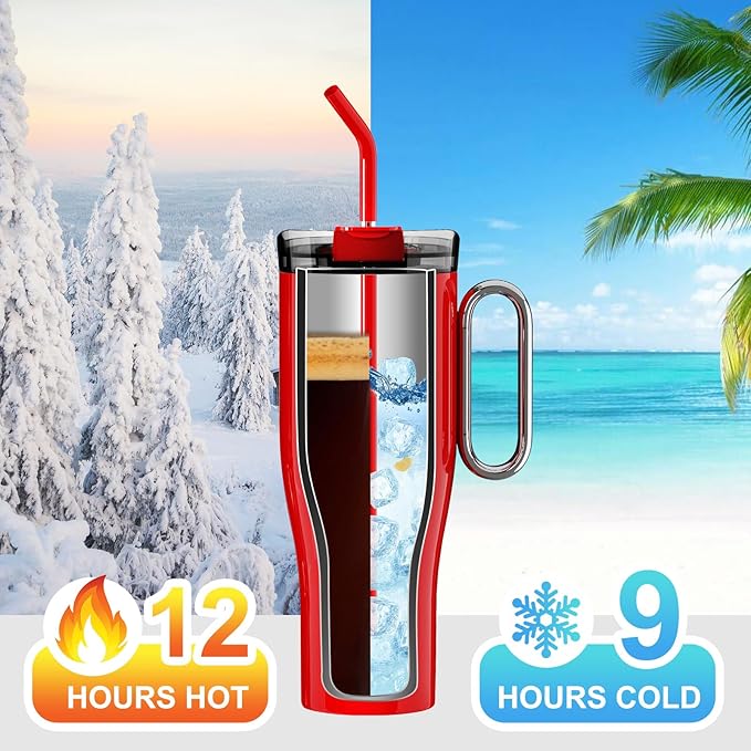 OTE 1.2 L (40 oz) Travel Mug with Handle, Double-Walled Steel Vacuum Insulated Mug and Straw, BPA Free,Portable Car Mug Tumbler, Thermal Mug, Coffee Cup for Hot and Cold Drinks