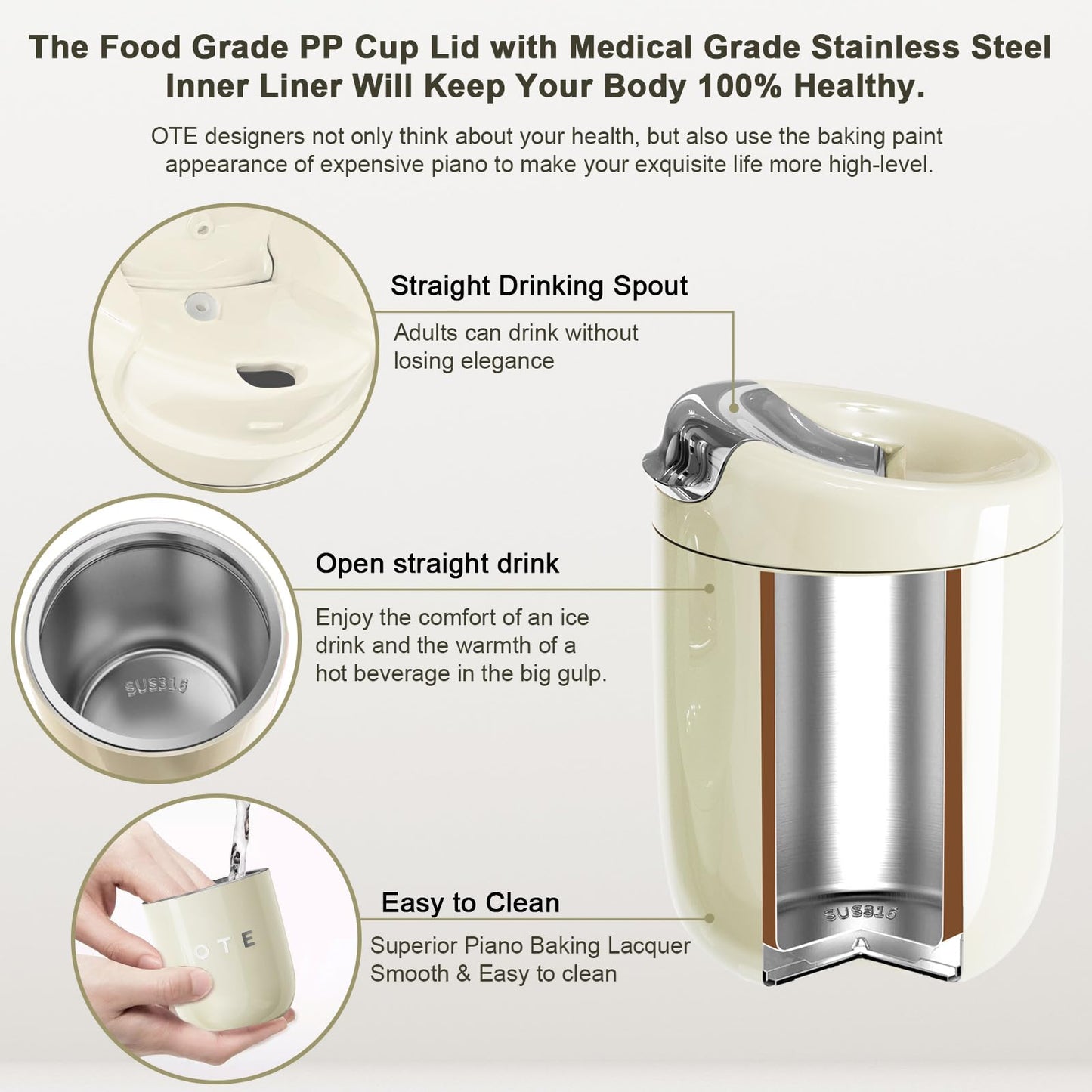 OTE Vacuum Insulated Coffee Mug, Double-wall Stainless Steel Travel Tumbler With Drinking Lid, 12oz/8oz (350/220ml)