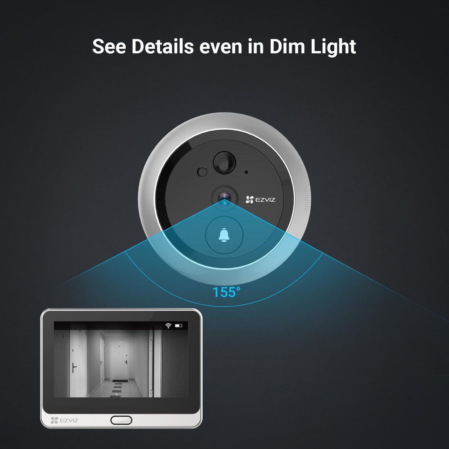EZVIZ DP2C 1080p Video Door Viewer Peephole Camera with 4.3" Color Screen Display, Built in Chime, Rechargable Battery, APP Viewing, Two Way Audio, PIR Motion Detection, Metal Housing, Cloud/SD